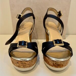 JIMMY CHOO Black and Gold Women's Leather Wedge Sandals